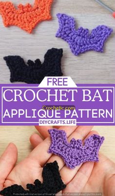 crochet bat applique pattern with text overlay that says free crochet bat applique pattern