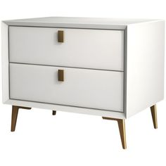 a white dresser with two drawers and gold handles