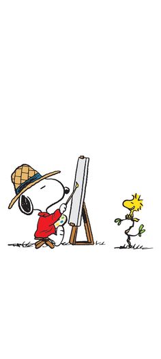 a cartoon character is painting on the easel