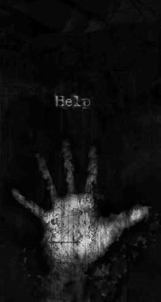 a hand with the word hello painted on it in blue and white, against a black background