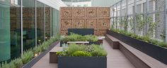 an indoor garden with benches and plants in the planter boxes on the side of the building