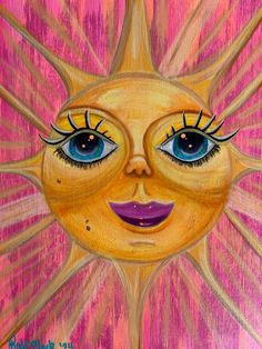 a painting of a sun with blue eyes