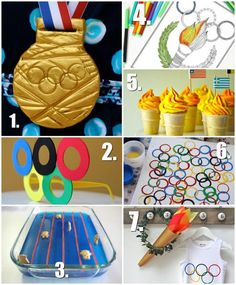 the collage shows different activities for kids to do with their favorite olympic rings and medals