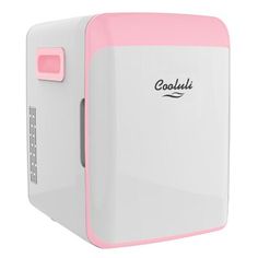 a pink and white cooler with the word cooluli on it's front door