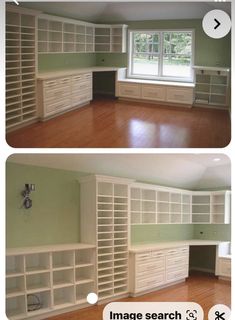 before and after shots of an empty room with built - in bookshelves