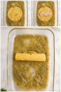 four images showing how to make homemade tortilla bread in a casserole dish