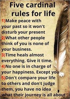 a poem with an image of a feather and the words five cardinal rules for life