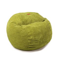 a green bean bag chair sitting on top of a white floor