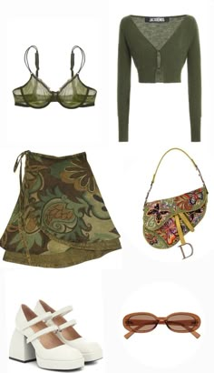 Dreamy Outfits Aesthetic Vintage, Nighttime Summer Outfits, Earthy Aesthetic Shoes, Olive Green And Brown Outfit, Botanical Clothes, 70s Female Fashion, Wierd Outfits, Scorpio Rising Aesthetic Outfits, Earth Witch Outfit