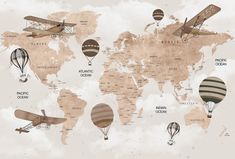 a world map with airplanes and hot air balloons