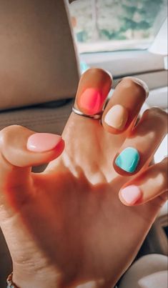 Preppy Nail Colors, Cute Gel Dip Nails, Cool Colored Nails, Summer Different Color Nails, Multi Color Summer Nails, Multi Color Spring Nails, Cottage Core Nails Short, Preppy Nail Polish Ideas, Fun Bright Nail Color Ideas