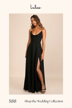 You'll be destined for love in the Lulus Romantically Speaking Black Cowl Lace-Up Maxi Dress! Woven chiffon shapes this stunning dress that has a fitted bodice, cowl neckline, and slender straps that lace down the back and tie at the waist. A high waist tops a maxi skirt with a thigh-high slit at the front. Hidden back zipper/clasp. Fit: This garment fits true to size. Length: Floor length. Size medium measures 56" from adjustable straps to hem. Bust: Great for any cup size. Waist: Fitted - very fitted at natural waist. Hip: Not Fitted - room for hips. Undergarments: May be worn with an adhesive bra, petals, or no bra. Fabric: Fabric has no stretch. Fully lined. Shell: 100% Polyester. Lining: 97% Polyester, 3% Spandex. Hand Wash Cold. Do Not Bleach. Line Dry. Iron Low Heat. Imported. Lulus Black Wedding Guest Dresses, Black Tie Wedding Guest Dress, Black Tie Wedding Guests, Black Bridesmaids, Lulus Dresses, Black Bridesmaid Dresses, Bridal Party Dresses, Black Tie Wedding, Chiffon Maxi Dress