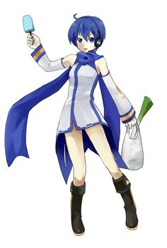 an anime character with blue hair holding a cell phone in one hand and a bag in the other