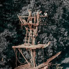 an old wooden structure in the woods with people on top and ladders above it