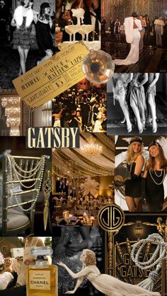 the collage shows many different types of women in black and white outfits, with gold accents