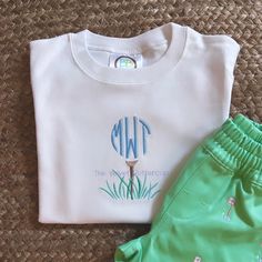 Golf Tee Monogram Shirt – The Velvet Buttercup White Monogram Crew Neck T-shirt, Classic Cotton Tops With Monogram Print, White Monogram T-shirt With Crew Neck, White Monogrammed Short Sleeve Top, White Monogram Crew Neck Top, White Monogram Short Sleeve Top, Monogram Onesies, Monogram Shirt, Golf Tee