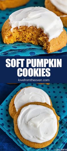 soft pumpkin cookies with white frosting are on a blue tray and one is cut in half