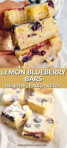 Healthy Lemon Bars with Blueberry - Paleo, Keto + Clean Eating Lemon Bar Recipe. Keto Lemon Blueberry Bars, Healthy Lemon Blueberry Desserts, Healthy Lemon Blueberry, Healthy Lemon Blueberry Bars, Healthy Blueberry Lemon Recipes, Healthy Lemon Dessert Recipes, Keto Blueberry Lemon Cheesecake Bars, Paleo Blueberry Recipes, Blueberry Keto Recipes