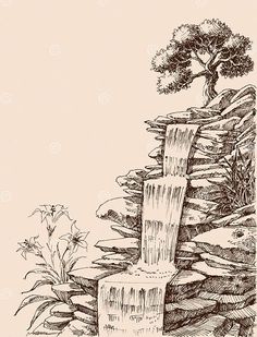 an ink drawing of a waterfall with a tree growing out of the water in front of it