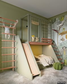 a child's bedroom with a slide and bunk bed