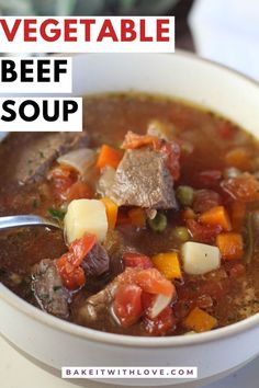 A close-up of a bowl of vegetable beef soup with chunks of chuck roast and tender veggies. Easy Vegetable Beef Soup, Beef Stew Seasoning, Soup Fall, Homemade Vegetable Beef Soup, Canned Potatoes, Leftover Steak, Beef Soup Recipes, Easy Vegetable