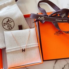 Brand New Come With Orange Box, Dustbag And Ribbon Made In France Total Chain Length: 15.7" | Pendant Size: 0.35" X 0.28" Repurposed Necklace, Orange Box, Hook Necklace, Hermes Jewelry, How To Make Ribbon, Black Accessories, Rose Gold Hardware, Blue Necklace