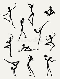 various silhouettes of people dancing and jumping in the air with their arms spread out