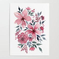 watercolor painting of pink flowers and green leaves