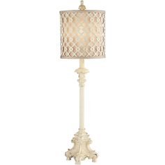 a white lamp with a beige shade on the top and bottom part of it's base