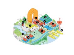 an illustrated map shows the locations of various buildings and attractions that are located in this area