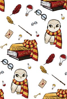 an owl with glasses and a scarf is surrounded by harry potter items