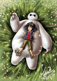 a cartoon character laying on top of a giant white teddy bear in the grass with a butterfly