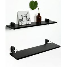 two black shelves with one shelf holding a plant and the other has a picture on it