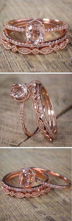 three different views of wedding rings with diamonds on the top and bottom, one in rose gold