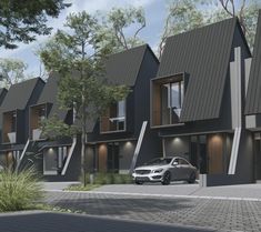 an artist's rendering of a row of houses with cars parked in the driveway