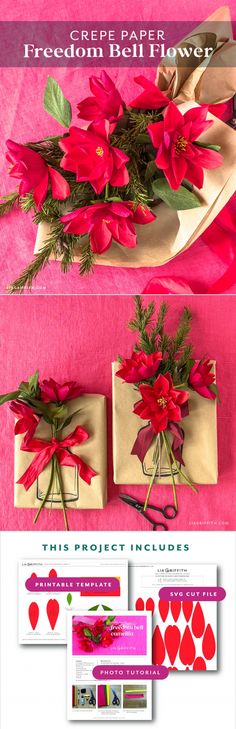 a bunch of red flowers sitting on top of a pink table cloth next to two packages