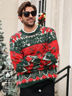 Men's Christmas Colorblock Pattern Drop Shoulder Loose Knit Sweater Christmas Sweater Red Casual  Long Sleeve Knitwear Christmas,Geometric,All Over Print Pullovers Slight Stretch  Men Clothing, size features are:Bust: ,Length: ,Sleeve Length: Christmas Sweaters For Men, Mens Christmas Sweaters, Men’s Red Sweater Outfit, Mens Red Sweater, Men’s Christmas Jumper, Cute Christmas Sweater, Christmas Sweater Men, Loose Knit Sweaters, Christmas Men