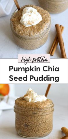 pumpkin chia seed pudding with whipped cream on top and cinnamon sticks in the background