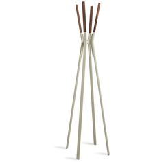 a white coat stand with three wooden sticks