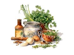 a painting of herbs and spices on a white background, including parsley, carrots, garlic, lemongrass, ginger, celery