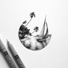 a pencil drawing of a sailboat on the water with palm trees in the background