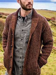 Men’s Solid Color Cable Knit Shawl Collar Long Sleeve Button Front Sweater Cardigan Mens Fall Sweaters, Mens Cable Knit Cardigan, Rugged Fashion, Basic Knitting, Bohemian Style Men, Mens Fashion Winter, Mens Knit Sweater, Grandpa Style, Outwear Fashion