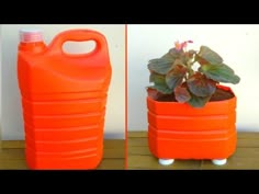 an orange plastic container with a plant in it next to a potted plant on wheels