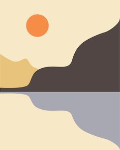 an abstract landscape with mountains and the sun in the sky above it, as well as water