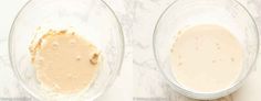 two bowls filled with batter sitting on top of a white counter next to each other