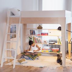 a child's bedroom with a bunk bed and bookshelf