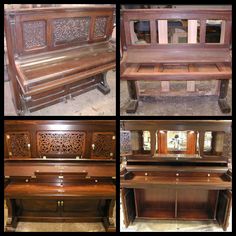 four pictures of an old wooden bench with carvings on the back and sides, all in different stages of being restored