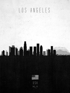 the los angeles skyline is shown in black and white with an american flag painted on it