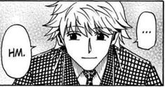 an anime character with blonde hair wearing a tie and looking at another person's face