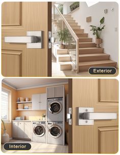 two pictures showing the steps leading up and down to a washer in front of a door